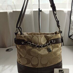 Coach Ashley Medium Brown Beige Crossbody Purse Signature Sateen Leather Strap